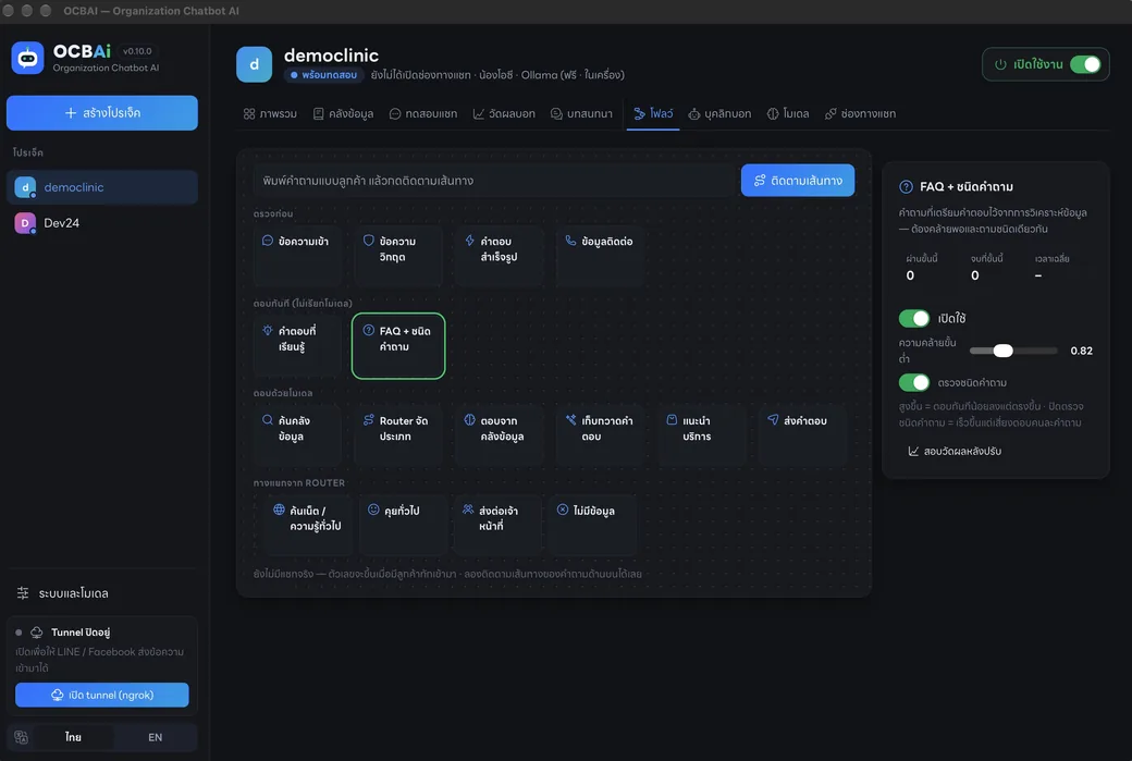 หน้าจอโปรแกรม OCBAi (AI Chatbot) แท็บโฟลว์ของโปรเจกต์ตัวอย่าง แสดงลำดับขั้นที่บอทใช้ตอบคำถาม ตั้งแต่ตรวจข้อความเข้า ตอบจาก FAQ ทันที ไปจนถึงค้นคลังข้อมูลแล้วส่งคำตอบ