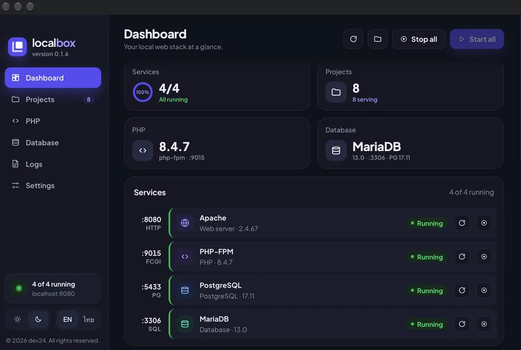 หน้าจอ Dashboard ของ LocalBox แสดงบริการ Apache, PHP-FPM, PostgreSQL และ MariaDB กำลังทำงานครบทั้ง 4 ตัว พร้อมพอร์ตของแต่ละบริการ